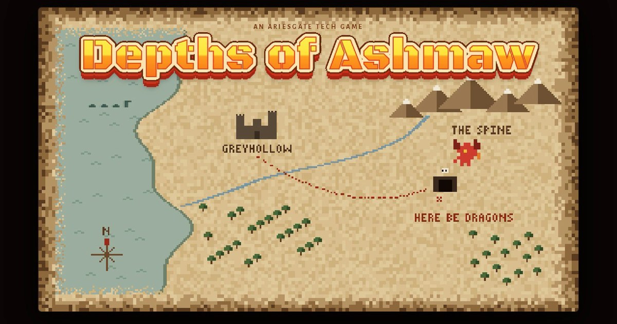 The Depths of Ashmaw title map, with Greyhollow keep and the dragon's mountain