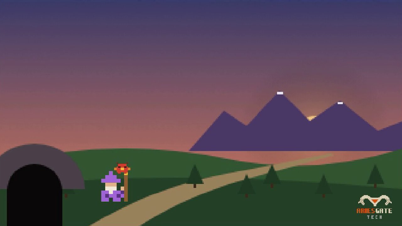 A hero and a small red dragon set off down a winding road at dusk